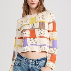 Line & Dot Adored Crochet Patchwork Open Knit Cropped Sweater Small